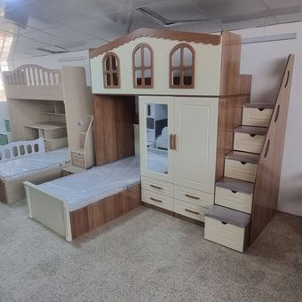 تخت دو طبقه طرح کلبه مدل کمد دار