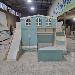 تخت دو طبقه کلبه کمد دار مدل سرسره ای
