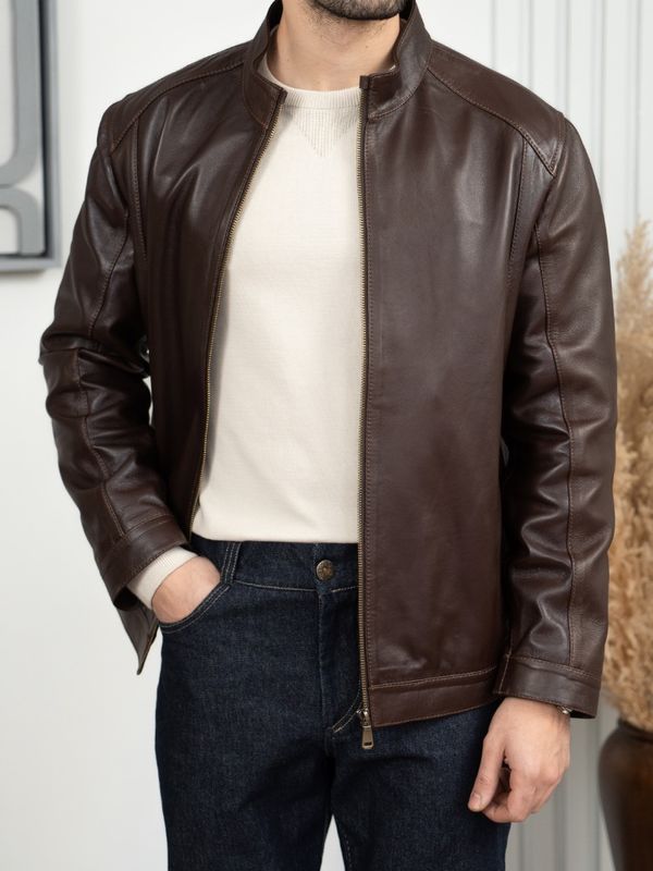 کاپشن چرم طبیعی قهوه ای j197