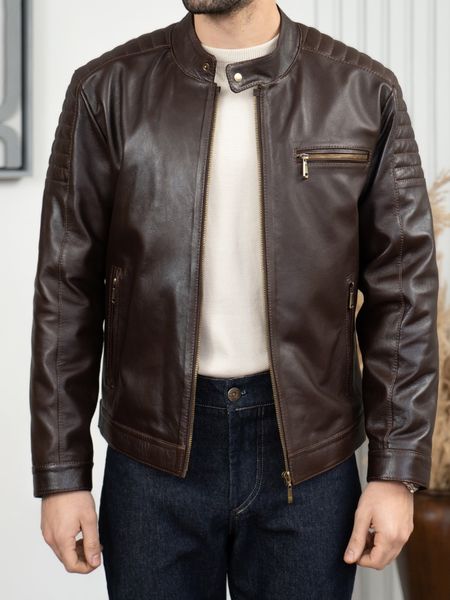 کاپشن چرم طبیعی سه زیپ قهوه ای j191