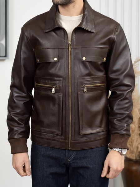 کاپشن چرم طبیعی چهار زیپ قهوه ای j194