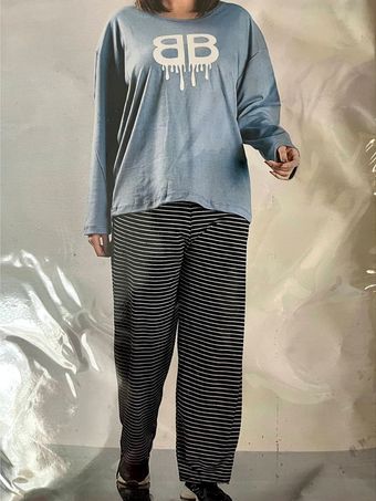 ست تیشرت آستین بلند زنانه و شلوار راه راه فری سایز 36 تا 46 جنس پنبه لاکرا