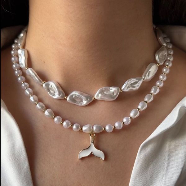 گردنبند دو لاین مروارید و دم وال