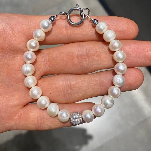 دستبند مروارید پرورشی (سایز:8 mm)  با گوی سواروسکی