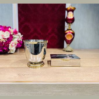 سطل استیل برنجی دست‌ساز و جا دستمالی استیل برنجی