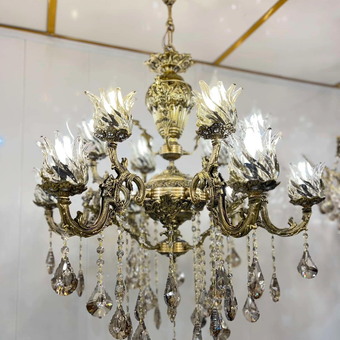 لوستر 12 شعله دوگل کوچک سه طوق تمام برنز