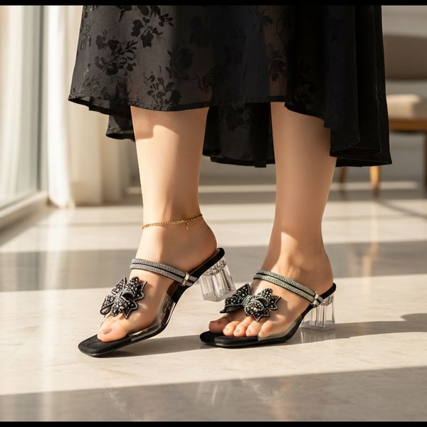 صندل مجلسی پاپیونی رویه شفاف پاشنه شیشه ای