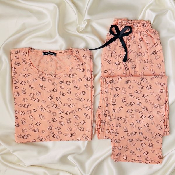 ست تیشرت و شلوار زنانه برند Attractive طرح شکوفه (نخ پنبه - رنگ گلبهی)