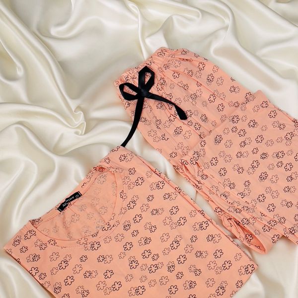 ست تیشرت و شلوار زنانه برند Attractive طرح شکوفه (نخ پنبه - رنگ گلبهی)