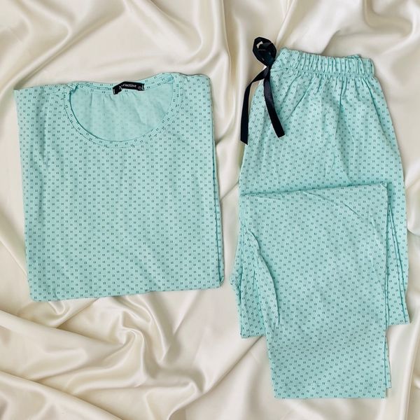 ست تیشرت و شلوار زنانه Attractive طرح نقطه چین (نخ پنبه لاکرا - سبزآبی)