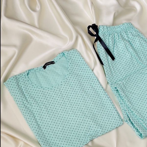 ست تیشرت و شلوار زنانه Attractive طرح نقطه چین (نخ پنبه لاکرا - سبزآبی)