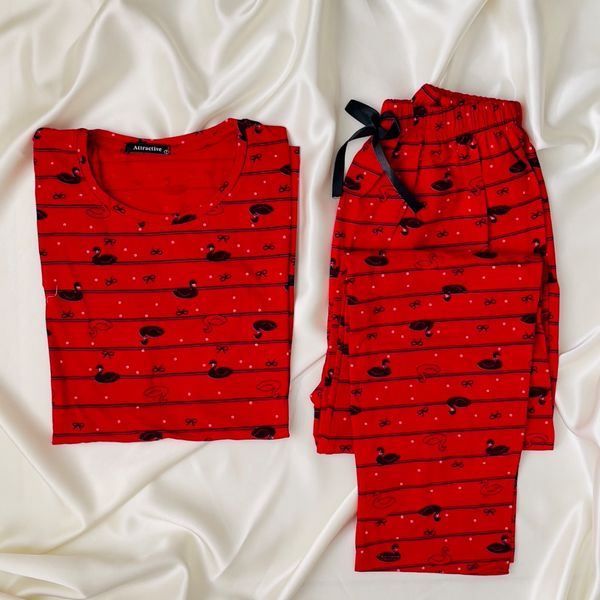 ست تیشرت و شلوار زنانه برند Attractive طرح قو مشکی (نخ پنبه - قرمز)