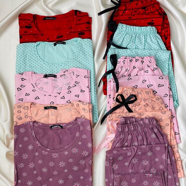 ست تیشرت و شلوار زنانه برند Attractive طرح شکوفه (نخ پنبه - رنگ پیازی)