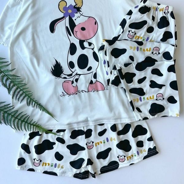 ست 3 تکه راحتی زنانه طرح گاو و Milk (تیشرت، شلوار و شلوارک) - فری سایز