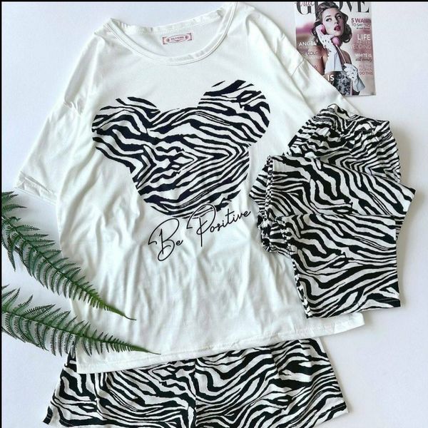 ست 3 تکه تیشرت، شلوار و شلوارک زنانه شین‌دخت طرح گورخری (Zebra)