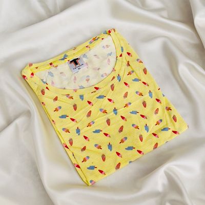 تیشرت نخی زنانه برند T&Your طرح بستنی | رنگ لیمویی روشن (خنک و تابستانی)