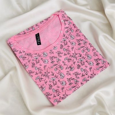 تیشرت زنانه نخی برند My Style طرح تک‌شاخه گل - رنگ صورتی ملایم