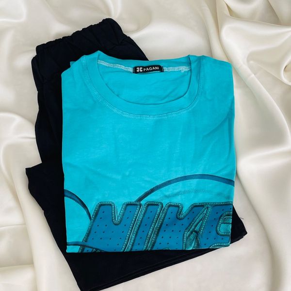 ست تیشرت و شلوارک سایز بزرگ برند Pagani: تیشرت آبی طرح نایک و شلوارک مشکی (نخ پنبه)