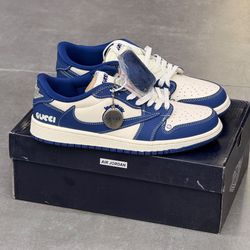 # کفش مردانه نایک ایر جردن وان لو تراویس اسکات گوچی سفید سرمه‌ای \| Nike Air Jordan 1 Low Travis Scott Gucci