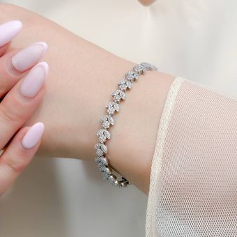 دستبند جواهری نقره - دستبند فلاور نقره با آبکاری طلا سفید