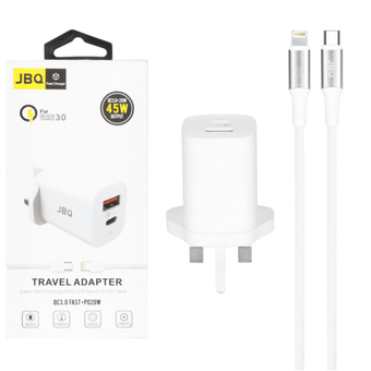 شارژر دیواری فست و PD دو پورت JBQ مدل HC-P5 45W همراه با کابل آیفون - سفید (گارانتی یکساله رصاصی)