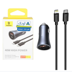 شارژر فندکی PD و فست دو پورت Baseus مدل CCJDZ-CX 40W به همراه کابل شارژ Type-C To Lightning - خاکستری (گارانتی آونگ)