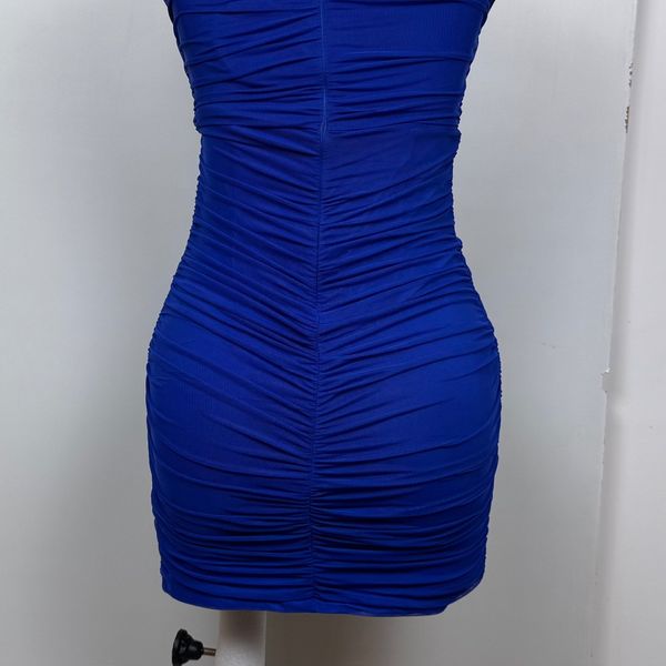 پیراهن مینی کانتورینگ مدل تمام چین (Ruched) رنگ آبی کاربنی 3130
