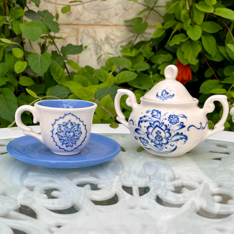 ست کادویی فنجان و قندان قلم آبی ایران گالری کد 2