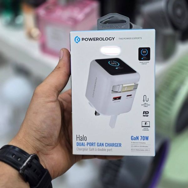 شارژر دیواری فست شارژ Powerology (پاورولوژی) مدل Halo Dual-Port GaN Charger 70W