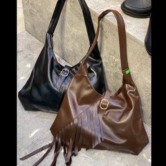 کیف زنانه بزرگ مدل ریش ریش رنگ قهوه ای و مشکی