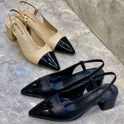 کفش زنانه پاشنه دار پشت باز مجلسی زنانه رنگ مشکی و کرم