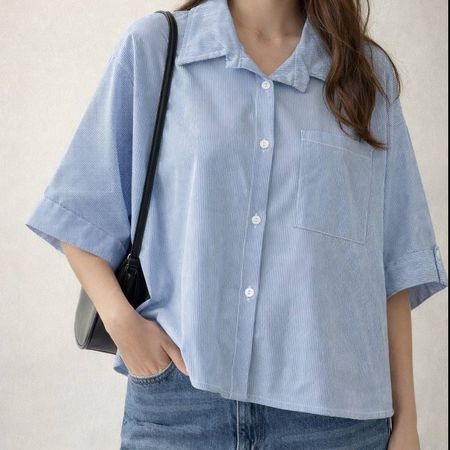 شومیز نخی راه راه آبی باکسی آستین سه ربع