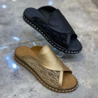 صندل زنانه بغل تور مدل دیور DIOR رنگبندی طلایی و مشکی