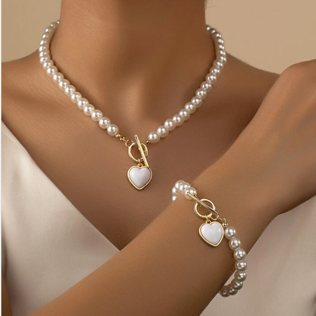 ست گردنبند دستبند مرواریدی با آویز قلب