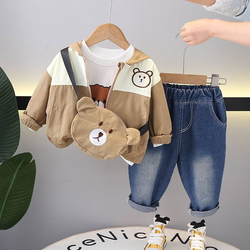 ست چهار تکه بلوز نخ پنبه و شلوار لی و کاپشن پاییزه کیف دار خرسی