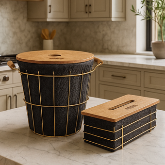 ست سطل و جا دستمال درب چوب آیسل مدل 1216 – رنگ طلایی