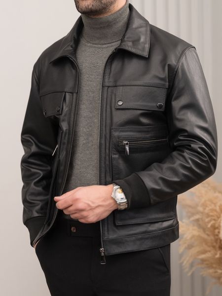 کاپشن چرم طبیعی چهار زیپ مشکی j192