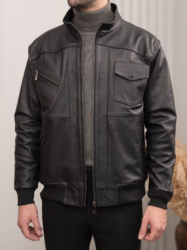 کاپشن چرم طبیعی مشکی j193