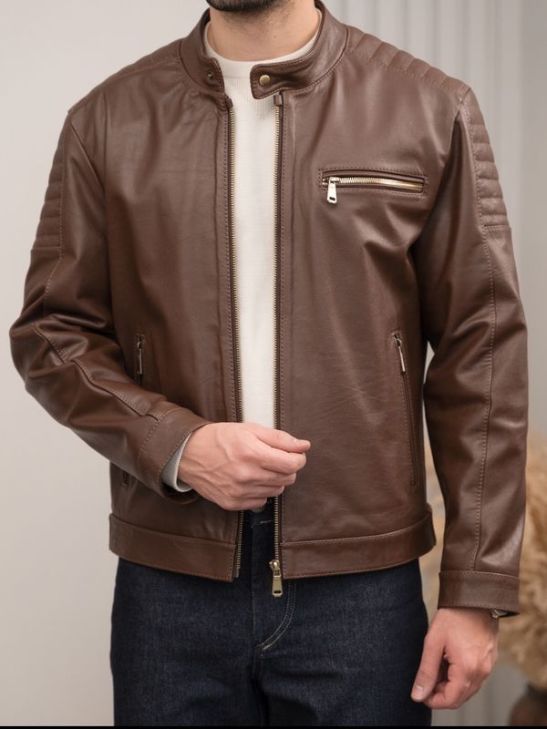 کاپشن چرم طبیعی سه زیپ قهوه ای j191