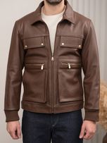 کاپشن چرم طبیعی چهار زیپ قهوه ای j194