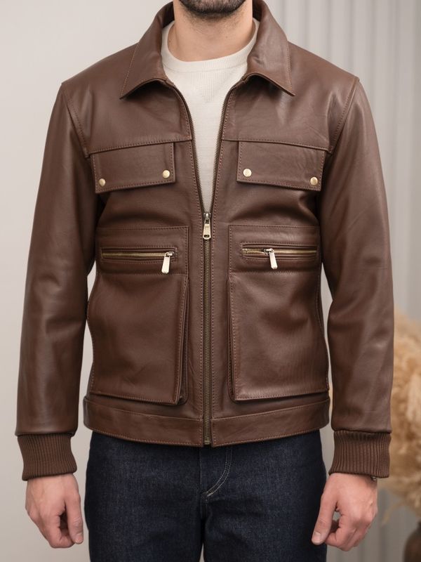 کاپشن چرم طبیعی چهار زیپ قهوه ای j194