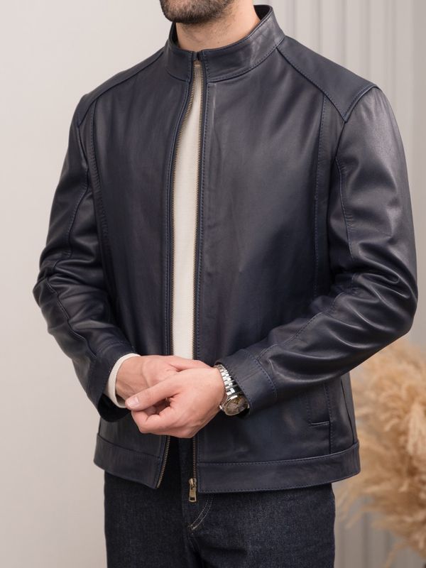 کاپشن چرم طبیعی سرمه ای ساده j195