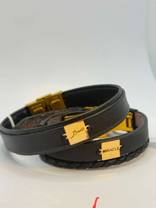 دستبند چرم مردانه با پلاک صبر