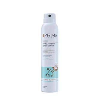 اسپری لوسیون آبرسان بدن پرایم مدل Long Lasting حجم 200 میلی‌لیتر با ماندگاری 24 ساعته، بافت غیرچرب، حاوی آلوئه ورا، عصاره شیر، س