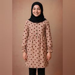 تونیک شلوار کودک و نوجوان نورا ؛ طرح گل قرمز