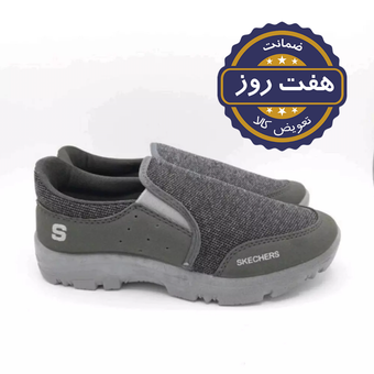 کفش کتانی اسکیچرز  کد311 رنگ طوسی تیره و مشکی رویه  کتان و راشل  قالب استاندارد  زیره پیو تزریق بسیار سبک