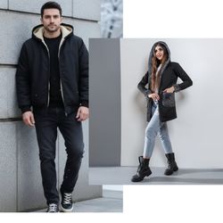 پکیج شنل زنانه مشکی خز طوسی مدل Venitوکاپشن مردانه مشکی داخل تمام خز مدل adidas-مشکی
