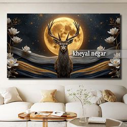 تابلو گوزن _ هنری و لوکس با طراحی خلاقانه ( گوزن، ماه و گل ) - کد L10 ✨