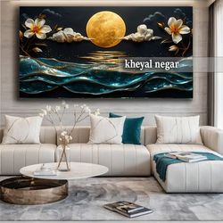 تابلو هنری لوکس با طراحی خلاقانه ( ماه، دریا، ابر و گل) - کد L11 ✨
