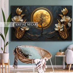 تابلو هنری لوکس سه تکه (ماه، درخت و گل) - کد L12